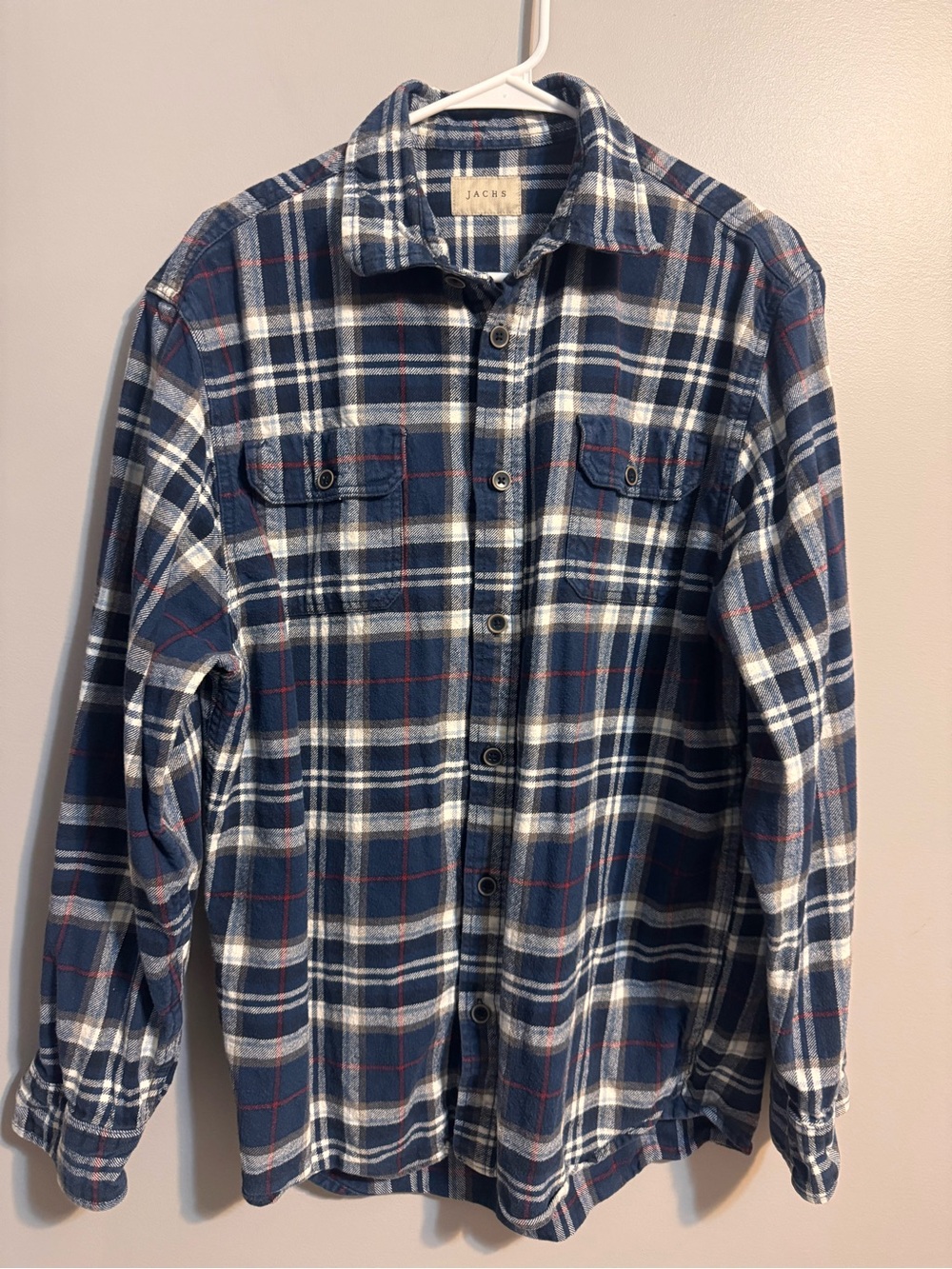 Jachs Men’s Large Navy Plaid Flannel Shirt 100% Cotton Button Up